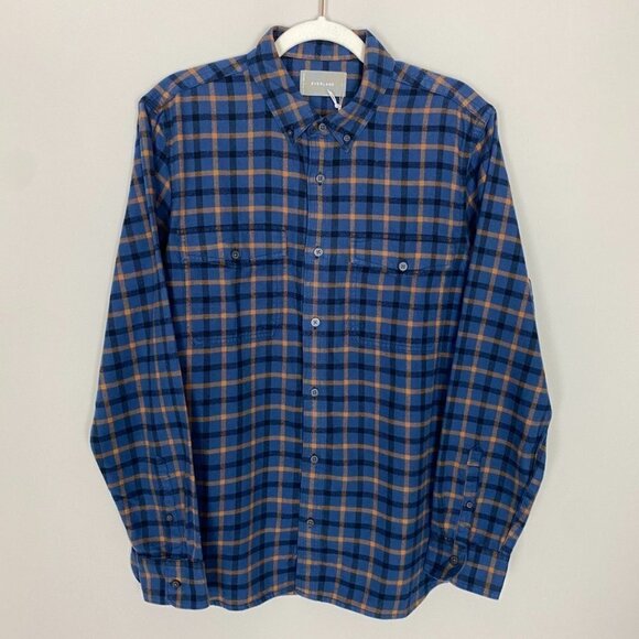 Everlane Button Down Flannel Plaid Shirt Mens Large Blue Orange Check - Picture 1 of 7